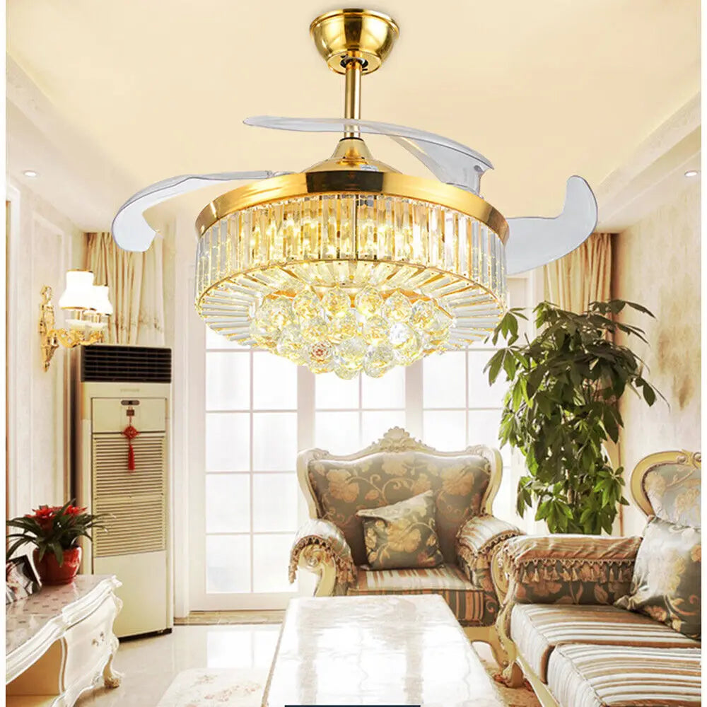 42" Invisible LED Ceiling Fan Light Crystal Retractable Chandelier Lamp W/Remote
