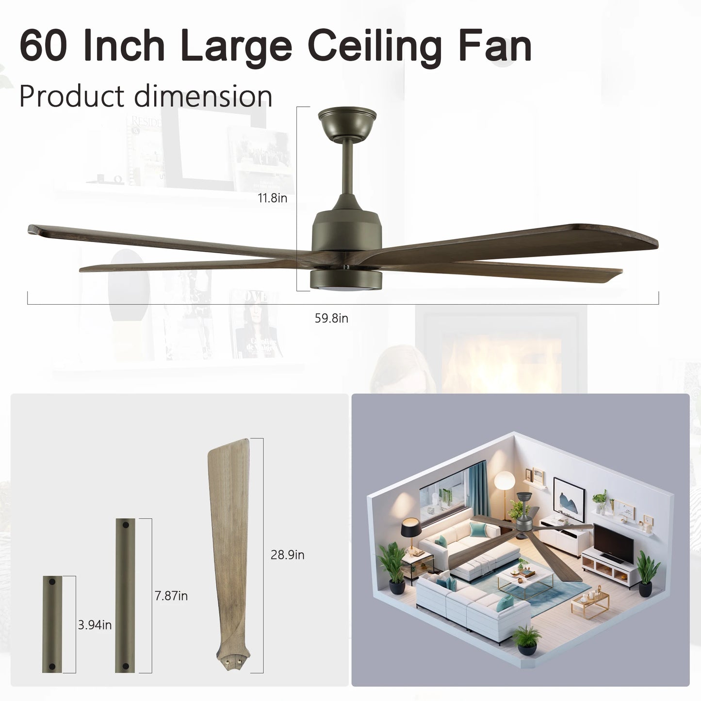 ARLGSITE 60“ Simple Modern Olive Green Wood Grain Silent Ceiling Fan Light, Adjustable , Suitable for Living Room & Bedroom