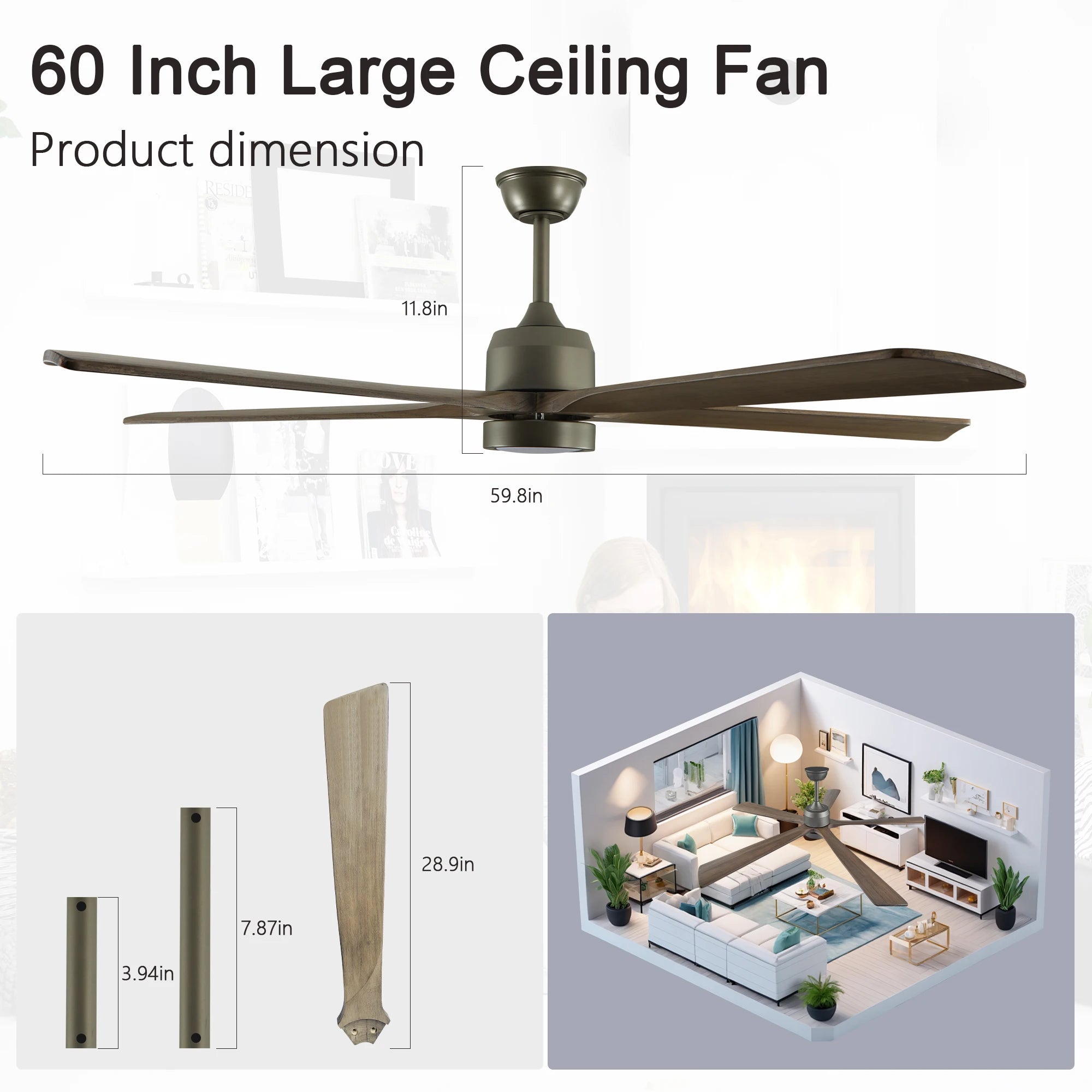 ARLGSITE 60“ Simple Modern Olive Green Wood Grain Silent Ceiling Fan Light, Adjustable , Suitable for Living Room & Bedroom
