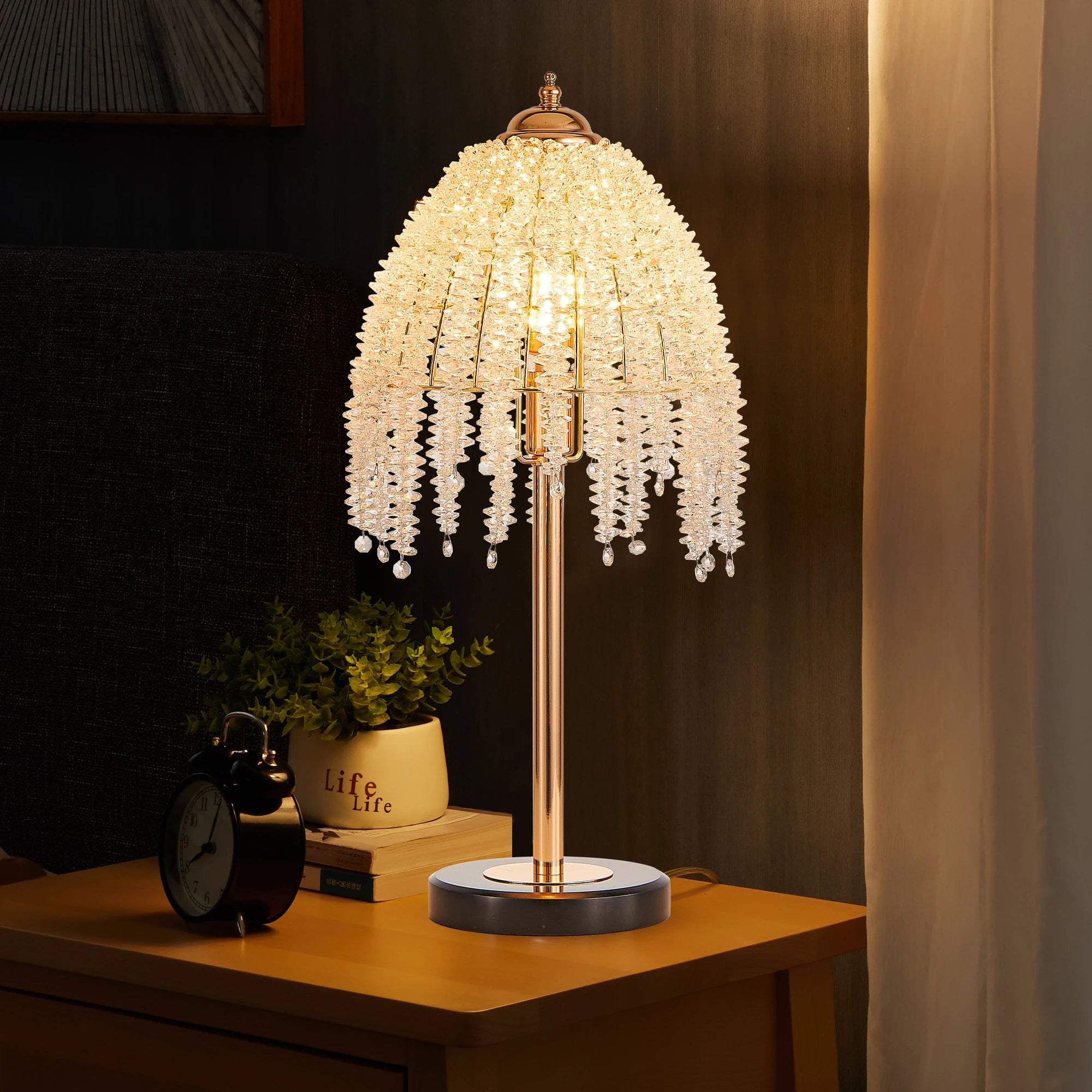 19"(H) Elegant Crystal Table Lamp Vintage Waterfall Design with Crystal Bead String Shades and Marble Textured Base(No Bulb)