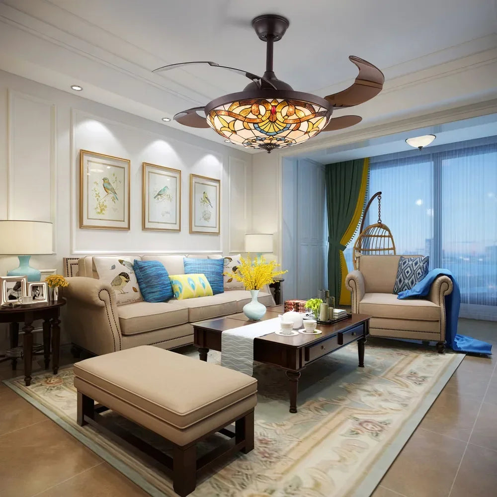 42 in Tiffany Style Ceiling Fan W/ Light, Remote Control, 3 Color Changing LED & 3 Speed Setting, Modern Fan for Living Room Use