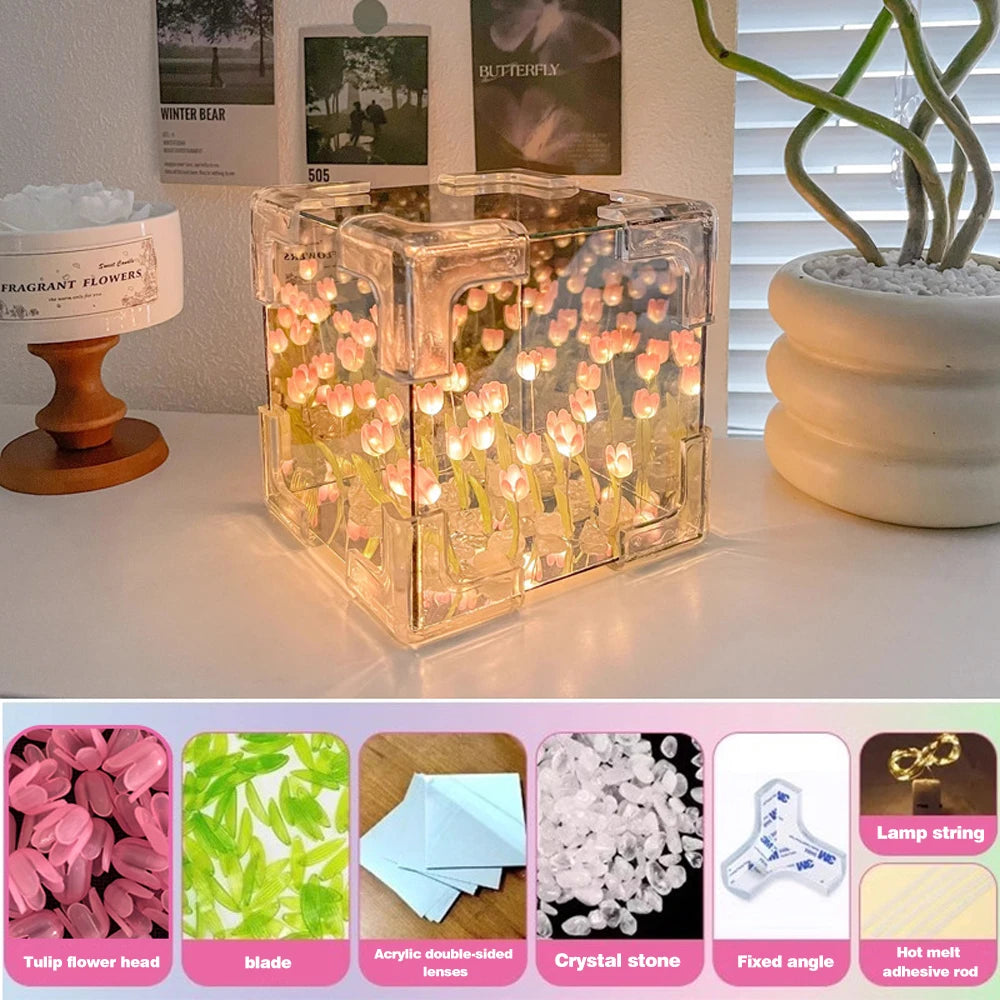 Creative Diy Tulip Flower Sea Cube Three-Dimensional Small Night Lamp Material Package for Girlfriend Couple Girlfriends