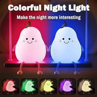 1pc Cute Pear Night Light 7-Color Dimmable Touch-Controlled Night Light Silicone Stress Reducing Pat Lamp USB Rechargeable