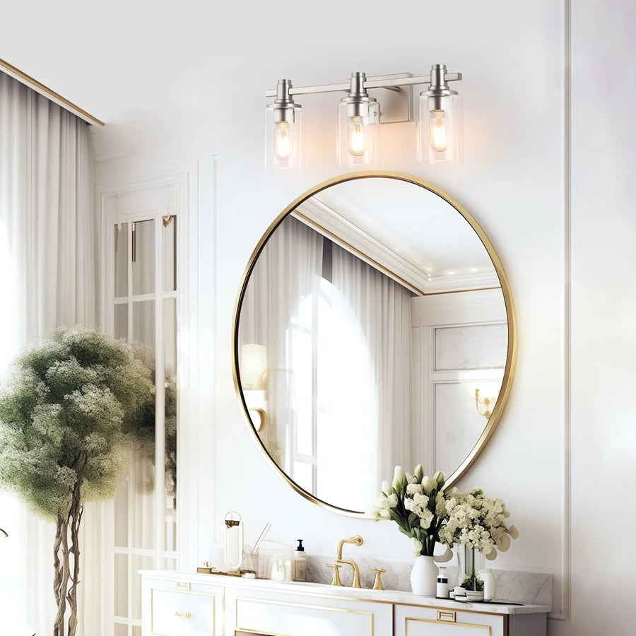 3-Light Modern Bathroom Vanity Light Fixture Above Mirror, Metal & Glass Construction, Hardwired for Easy Installation