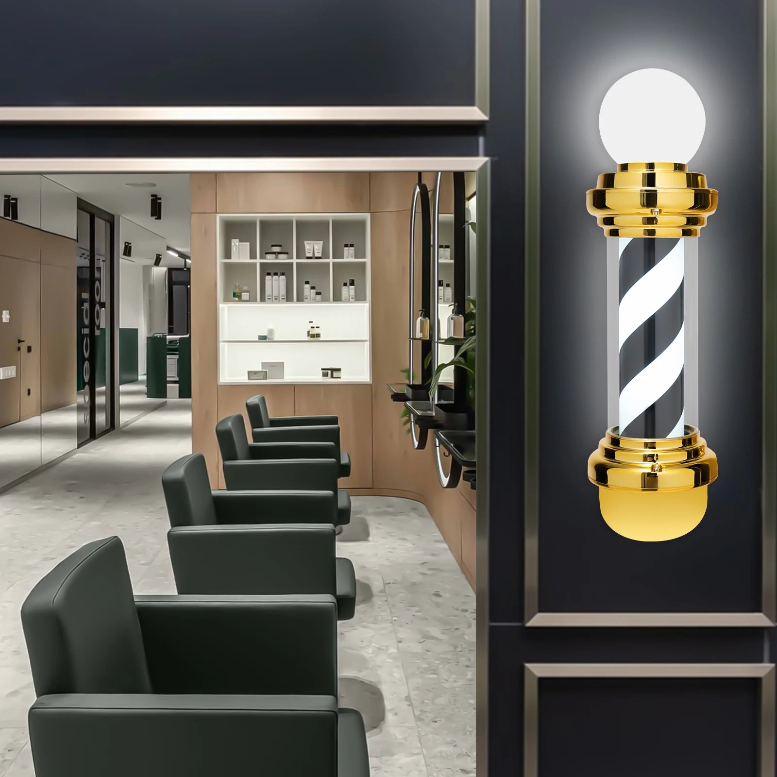 Golden Black White Rotating Barber Pole Light - 68cm LED Salon Open Sign - Wall Mount Hairdresser Decor for Salon & Barber Shop