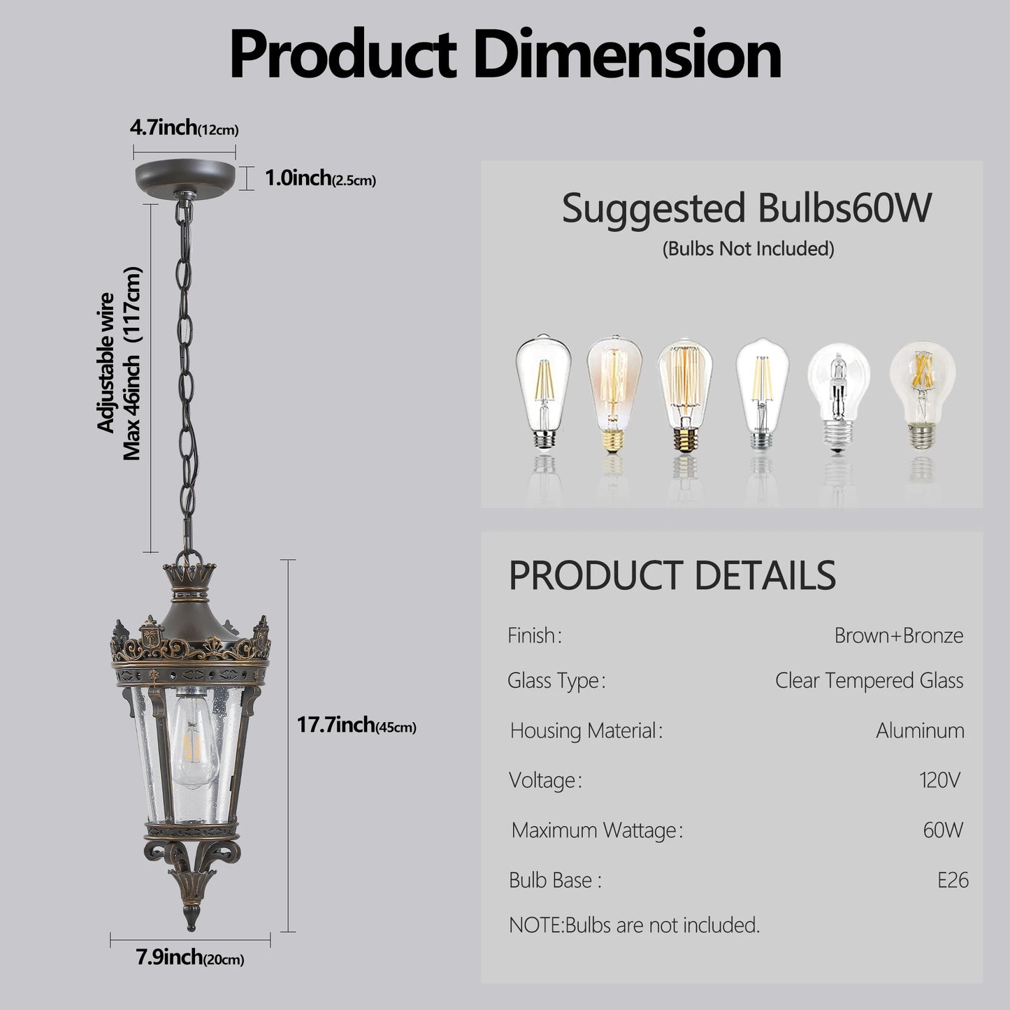 Antique Crown Outdoor Hanging Lantern, Waterproof Vintage Pendant Light with Ornate Metal Design and Clear Glass (No bulb)