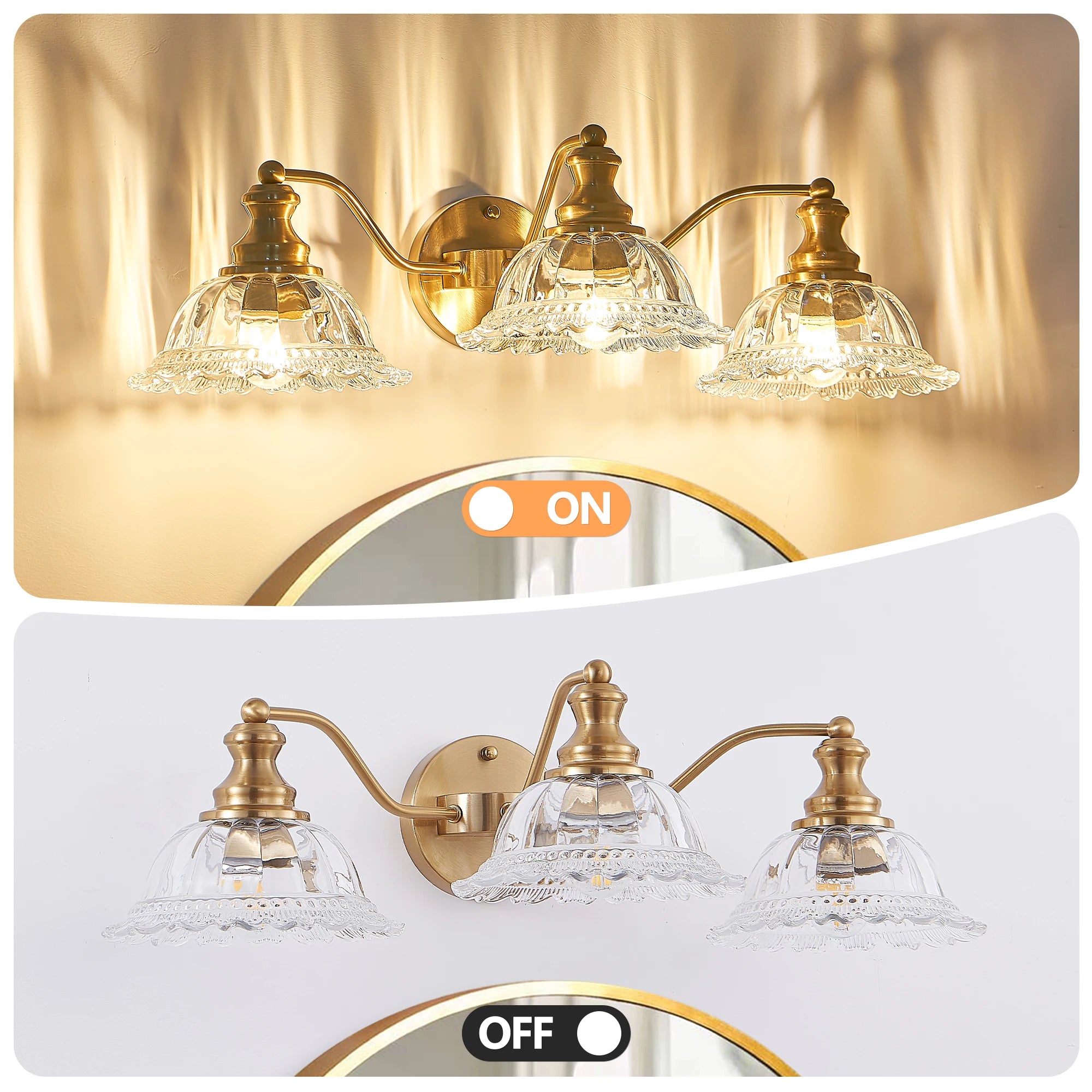 24 Inch 3-Light Vintage Bathroom Wall Sconce – Elegant Golden Metal and Glass Lampshade Vanity Light Fixture (No Bulb)