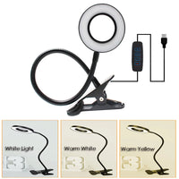 LED Ring Clamp Lamp 3-Level Color Temperature Adjustable USB 360° Rotatable Gooseneck for Nail Reading Desk Eye Protection Light
