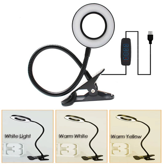 LED Ring Clamp Lamp 3-Level Color Temperature Adjustable USB 360° Rotatable Gooseneck for Nail Reading Desk Eye Protection Light