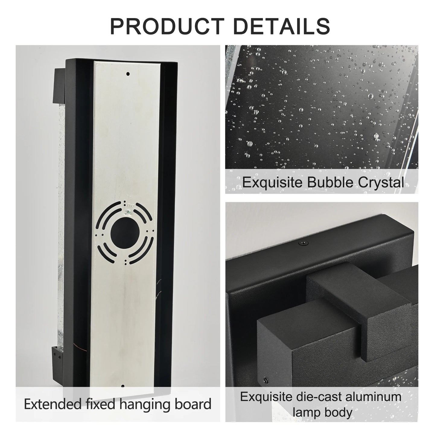 Black Aluminum Finish Outdoor Wall Light with Bubble Crystal Glass, LED Light Source, 3000K Warm Light, Weatherproof