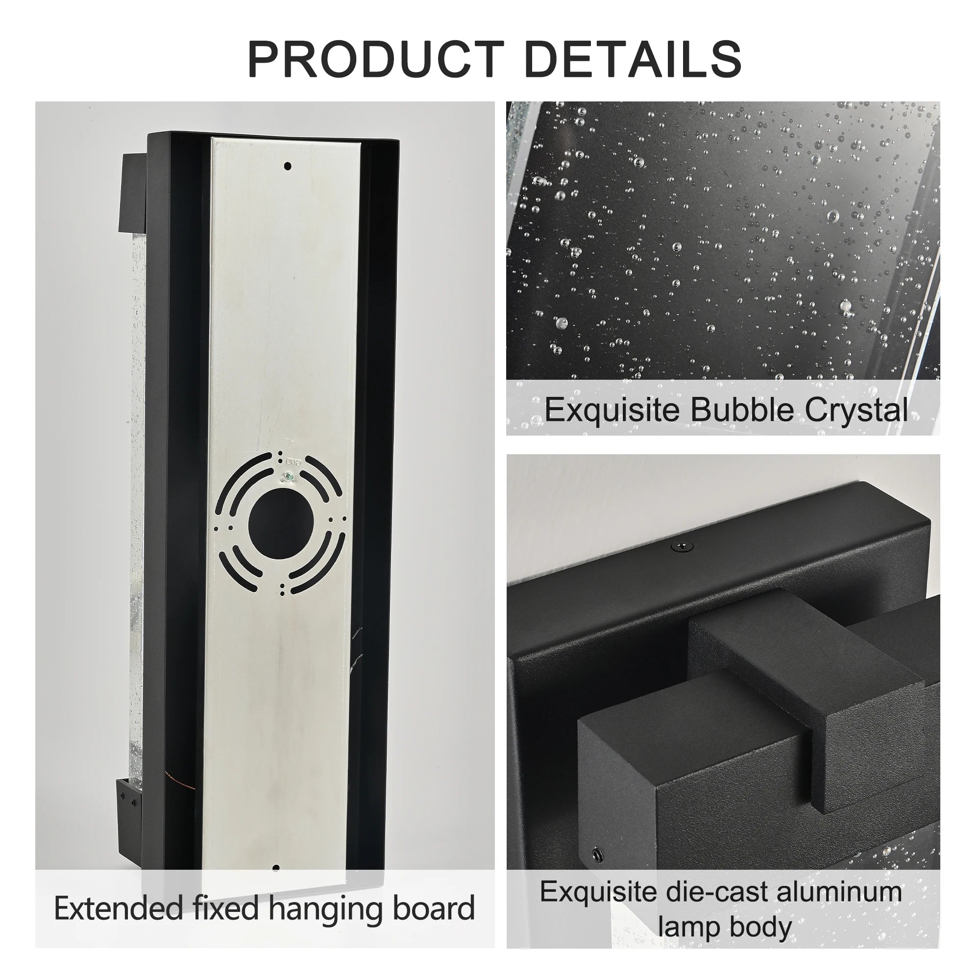 Black Aluminum Finish Outdoor Wall Light with Bubble Crystal Glass, LED Light Source, 3000K Warm Light, Weatherproof