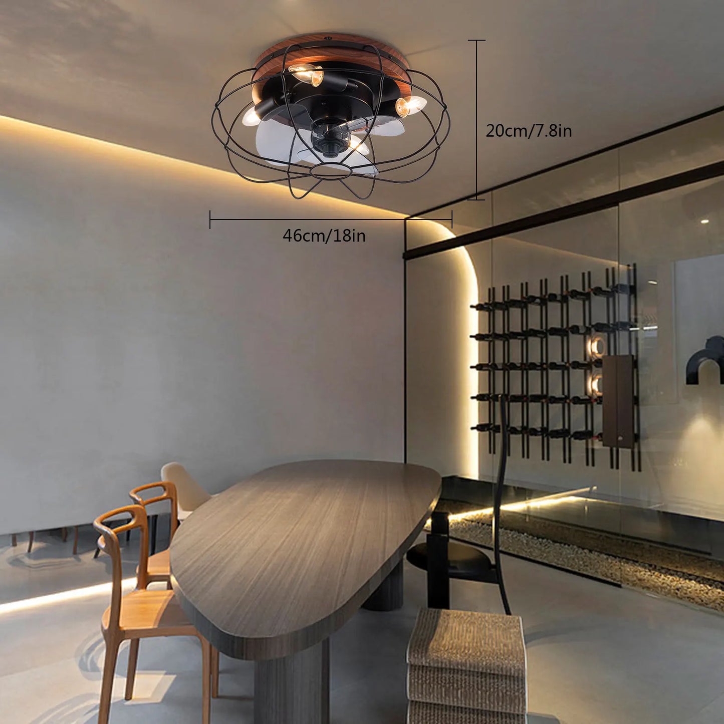 18 Inch Ceiling Fan with Light, Black and Wood Color Ceiling Fan Light with Remote Control, Flush Mount Ceiling Fan Light