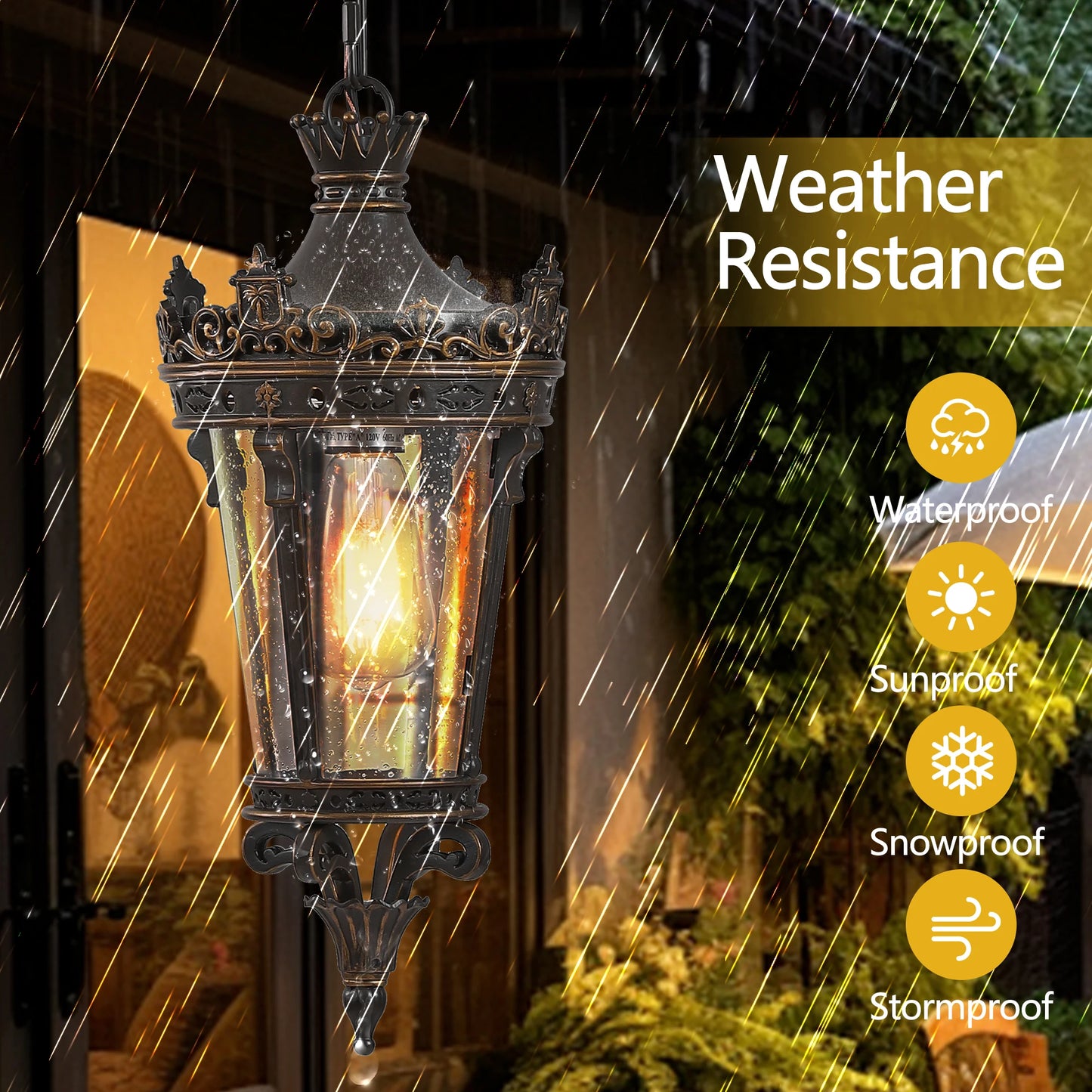 Antique Crown Outdoor Hanging Lantern, Waterproof Vintage Pendant Light with Ornate Metal Design and Clear Glass (No bulb)