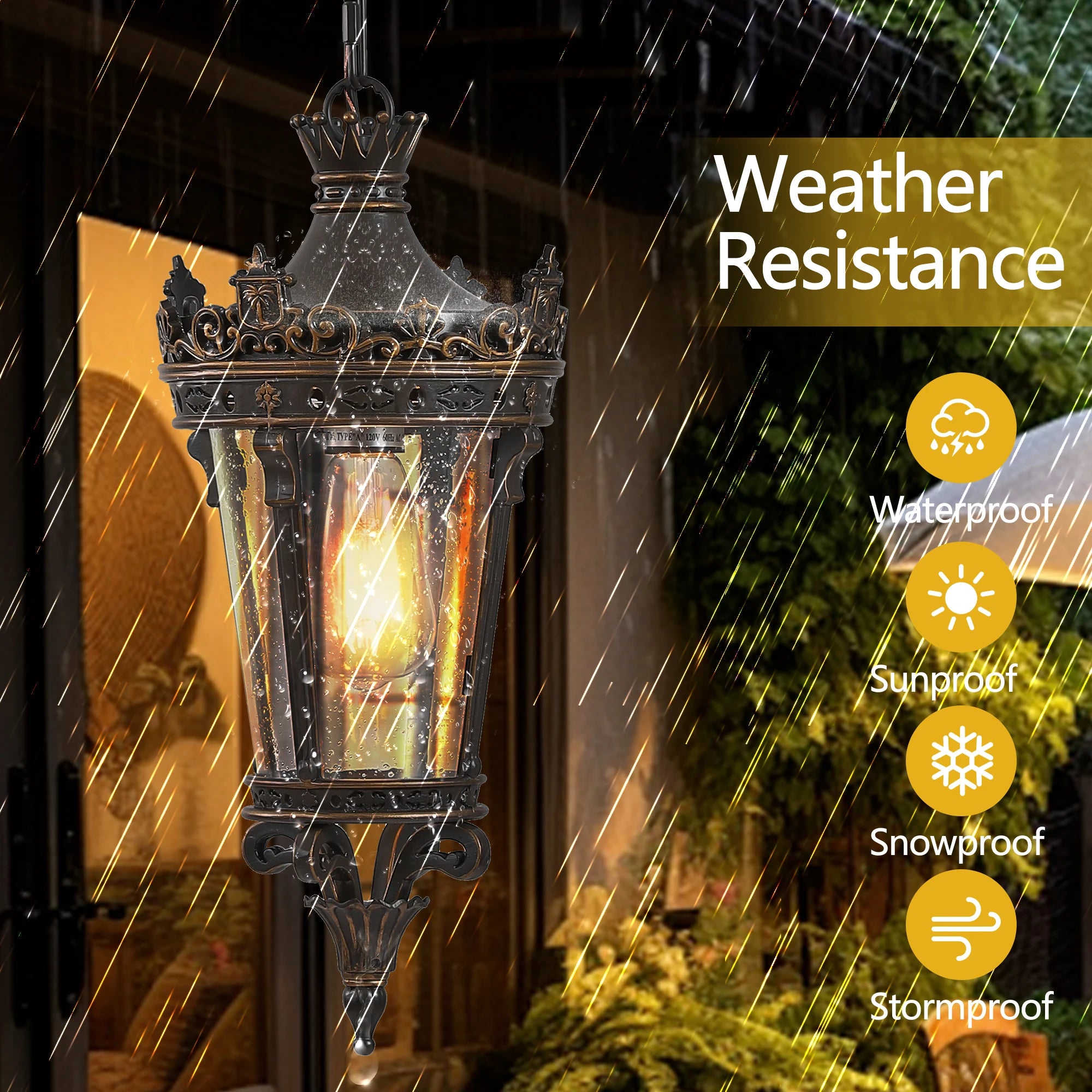 Antique Crown Outdoor Hanging Lantern, Waterproof Vintage Pendant Light with Ornate Metal Design and Clear Glass (No bulb)