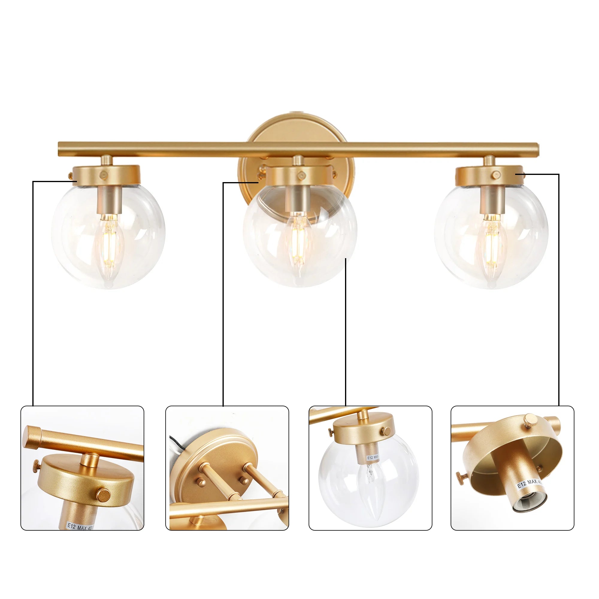 3-Light Brushed Gold Vanity Light, Modern Wall Sconces with Clear Glass Globe Shade, Bathroom Wall Lights for Mirror Kitchen Bed