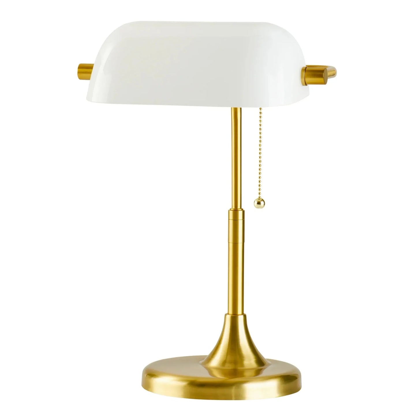 19" Gold, White Modern Glass Banker Table Lamp with Brass Base and Banker Style Glass Shade