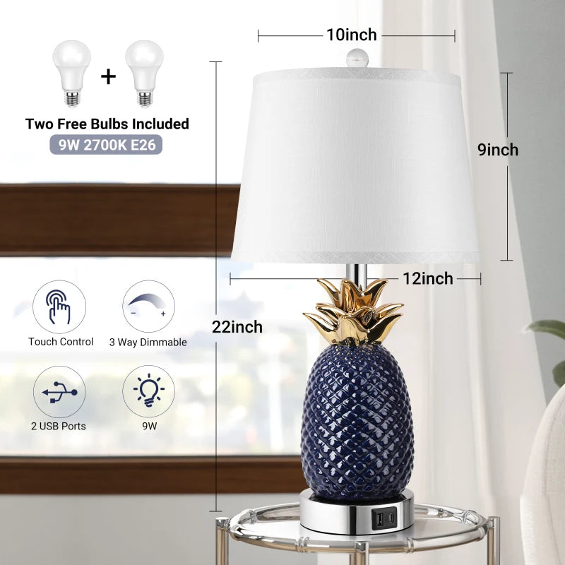 22 Inch Pineapple Set Of 2 3 Way Dimmable Ceramic Lamp Navy Blue Modern Living Room Lamp With USB Port Coastal Tall Table Lamps