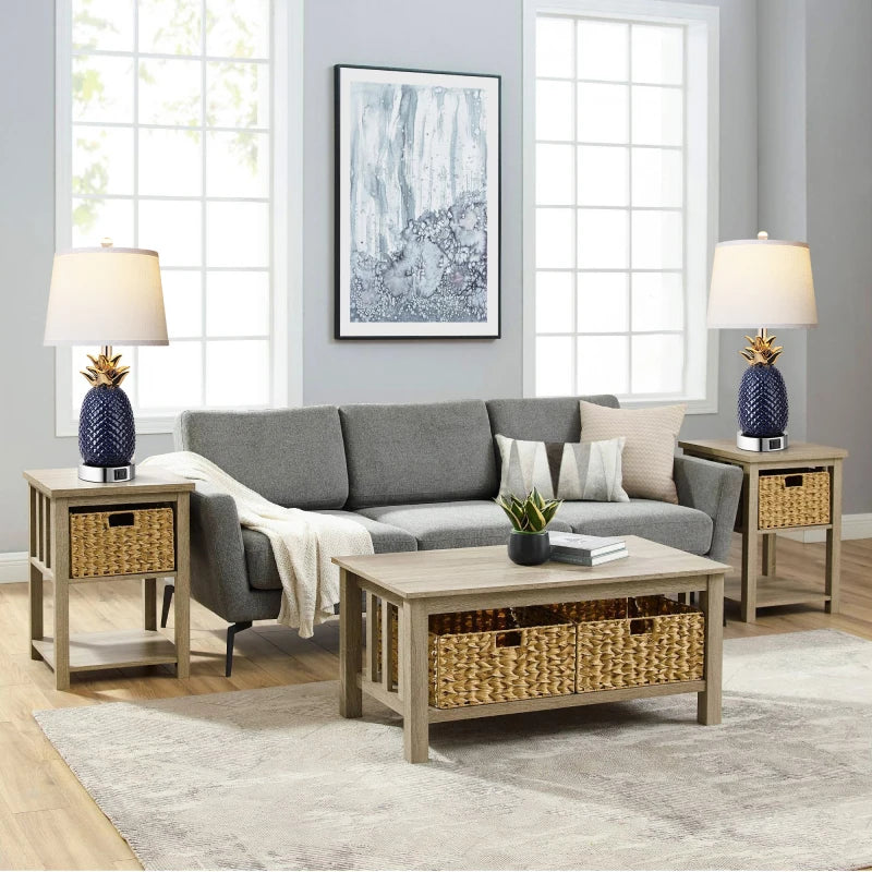 22 Inch Pineapple Set Of 2 3 Way Dimmable Ceramic Lamp Navy Blue Modern Living Room Lamp With USB Port Coastal Tall Table Lamps