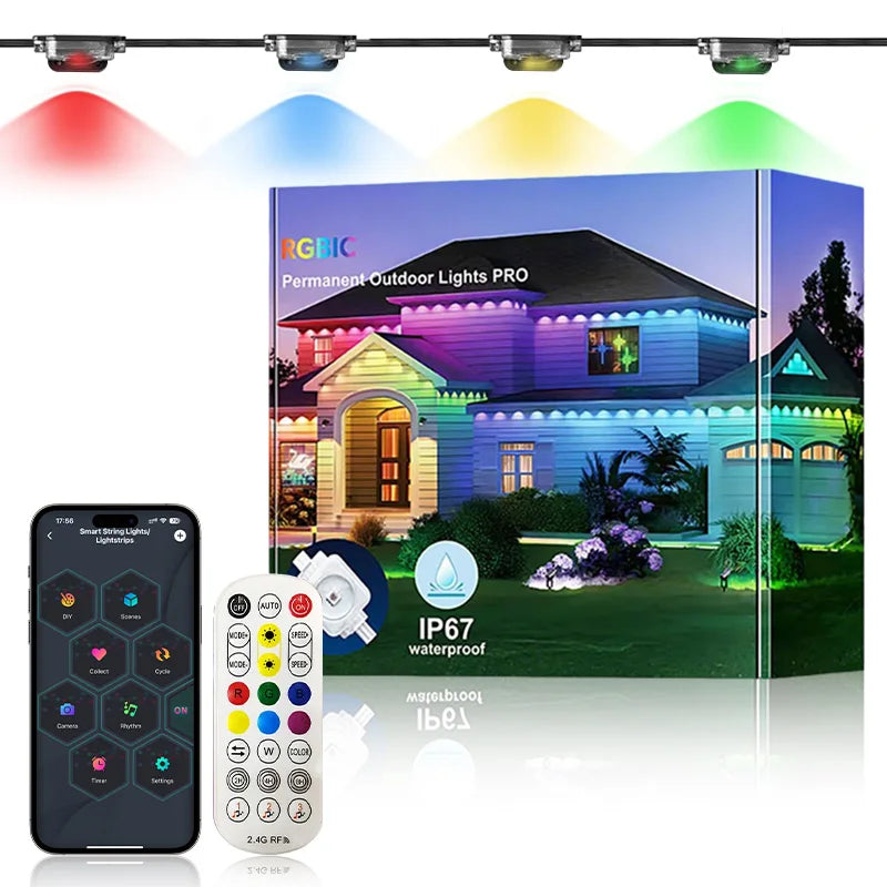 Permanent Outdoor Eaves Lights 60M 120 LED Smart RGBIC Eaves LED Lights Festival Flashing Lighting Fairy String Holiday Lighting