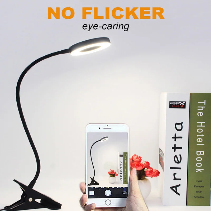 LED Ring Clamp Lamp 3-Level Color Temperature Adjustable USB 360° Rotatable Gooseneck for Nail Reading Desk Eye Protection Light