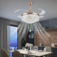 42" Invisible LED Ceiling Fan Light Crystal Retractable Chandelier Lamp W/Remote