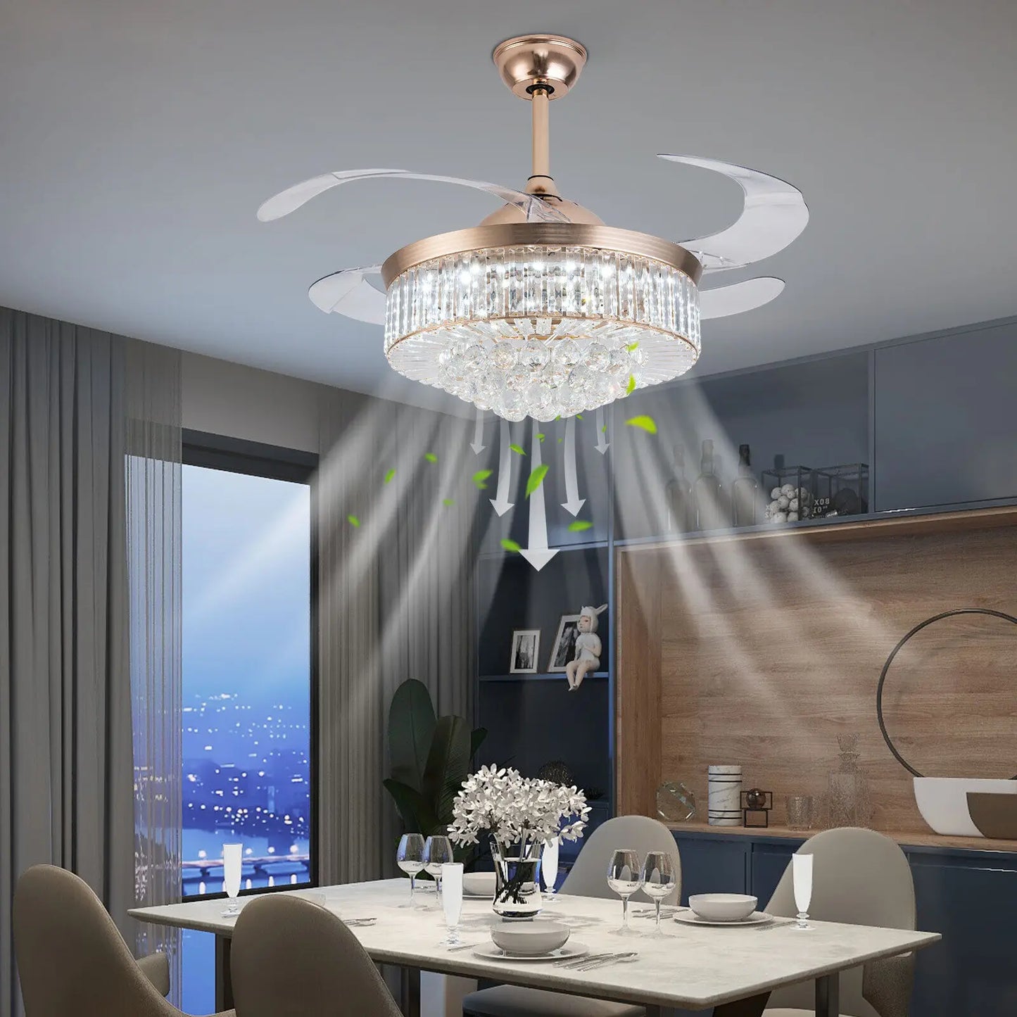 42" Invisible LED Ceiling Fan Light Crystal Retractable Chandelier Lamp W/Remote