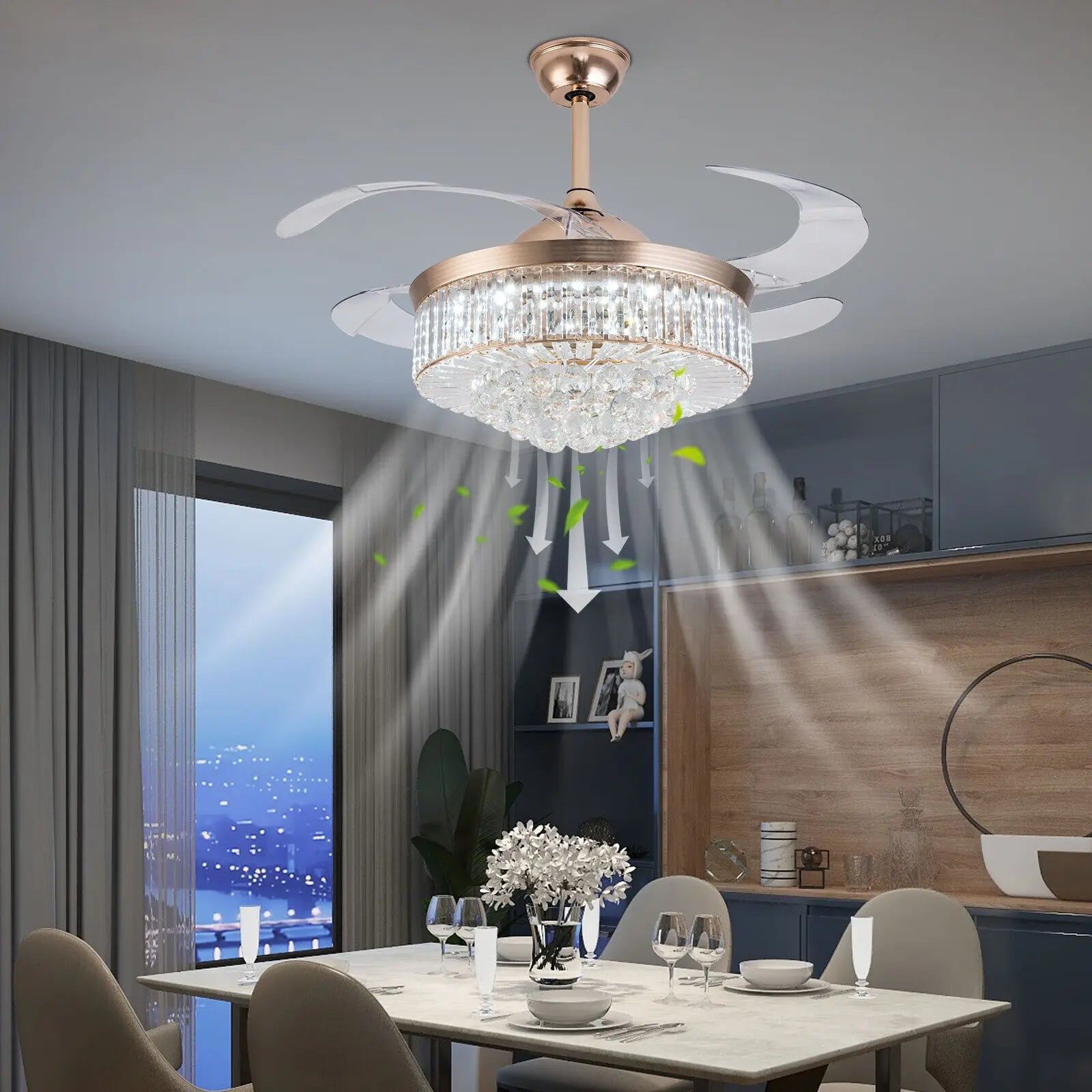 42" Invisible LED Ceiling Fan Light Crystal Retractable Chandelier Lamp W/Remote
