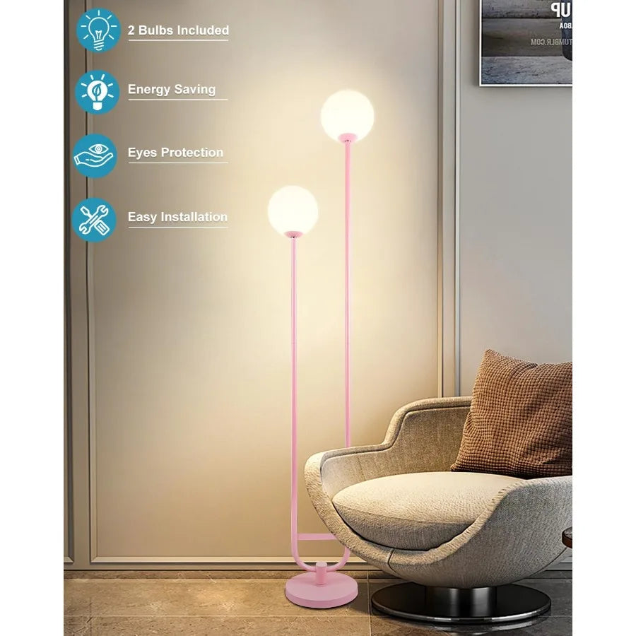 63IN Pink Floor Lamp Modern Mid Century Globe Standing Lamps with 3000K LED Bulbs Candle Holder Style Unique Vintage Tall Floor