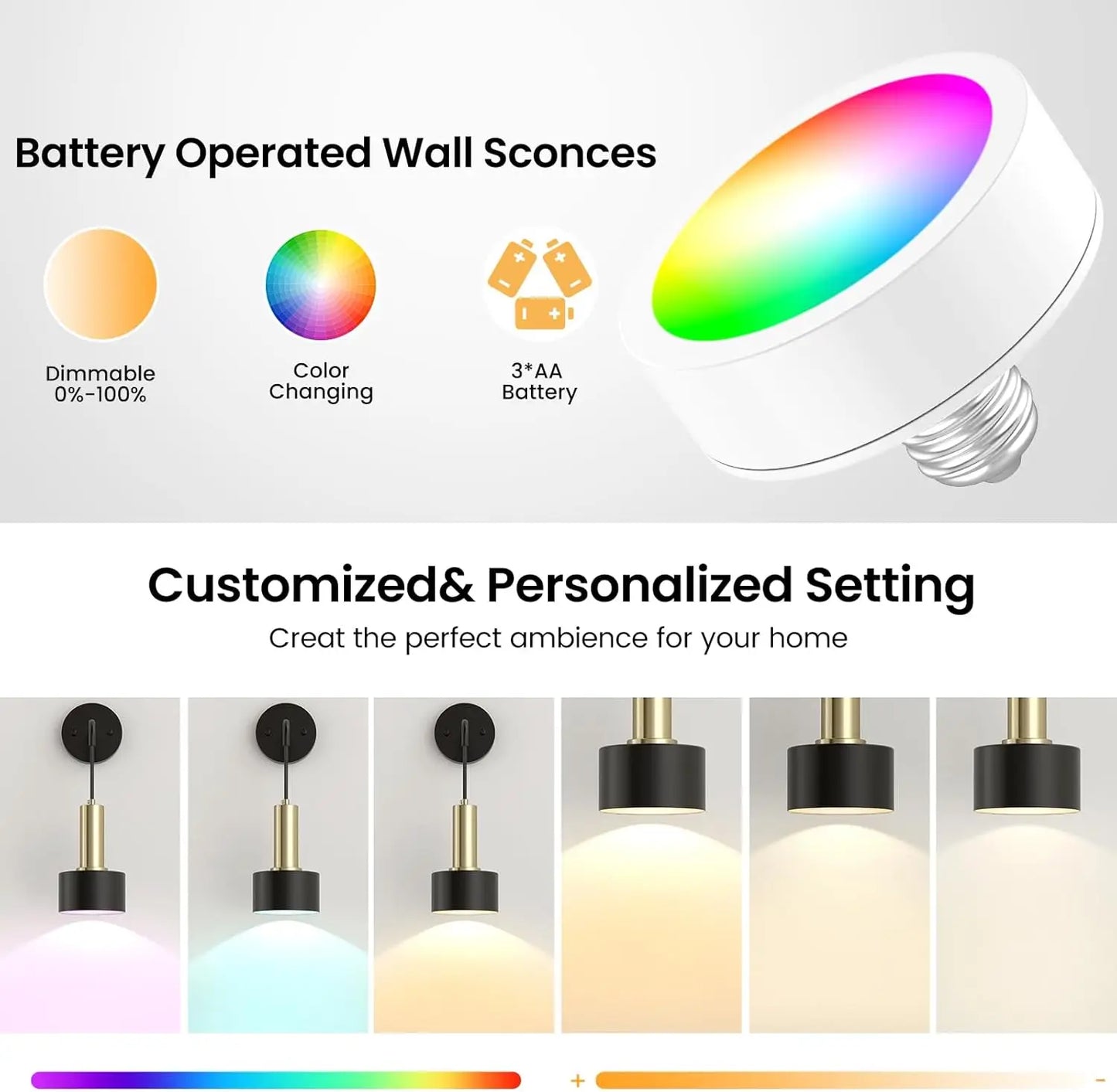 Battery Operated Wall Sconce Set of 2, Dimmable RGB Wall Sconce with Remote Indoor Battery Powered Wall Lamp Light