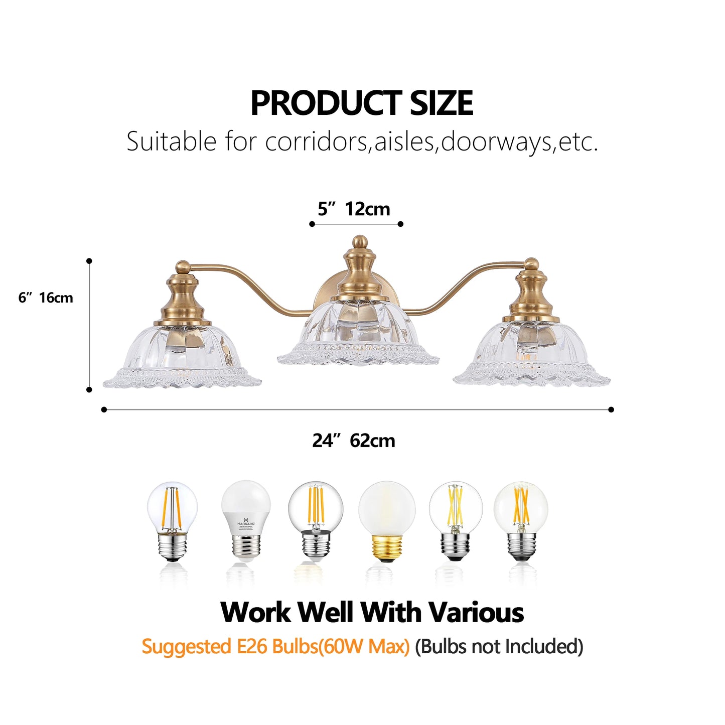 24 Inch 3-Light Vintage Bathroom Wall Sconce – Elegant Golden Metal and Glass Lampshade Vanity Light Fixture (No Bulb)