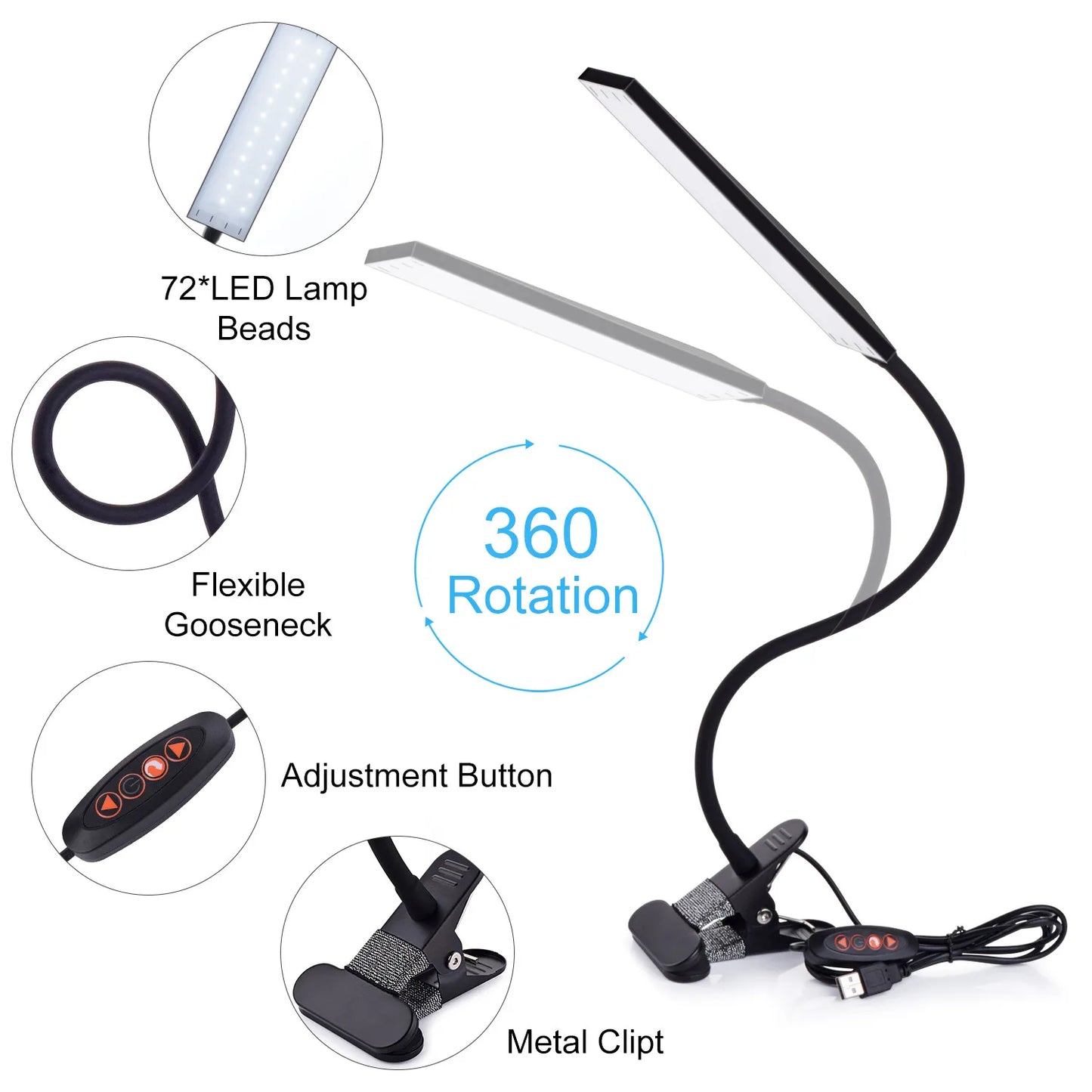 5W LED Clip on Desk Lamp with 3 Modes 11 Brightness  2M Cable Dimmer 14 Levels Clamp Table Lamp