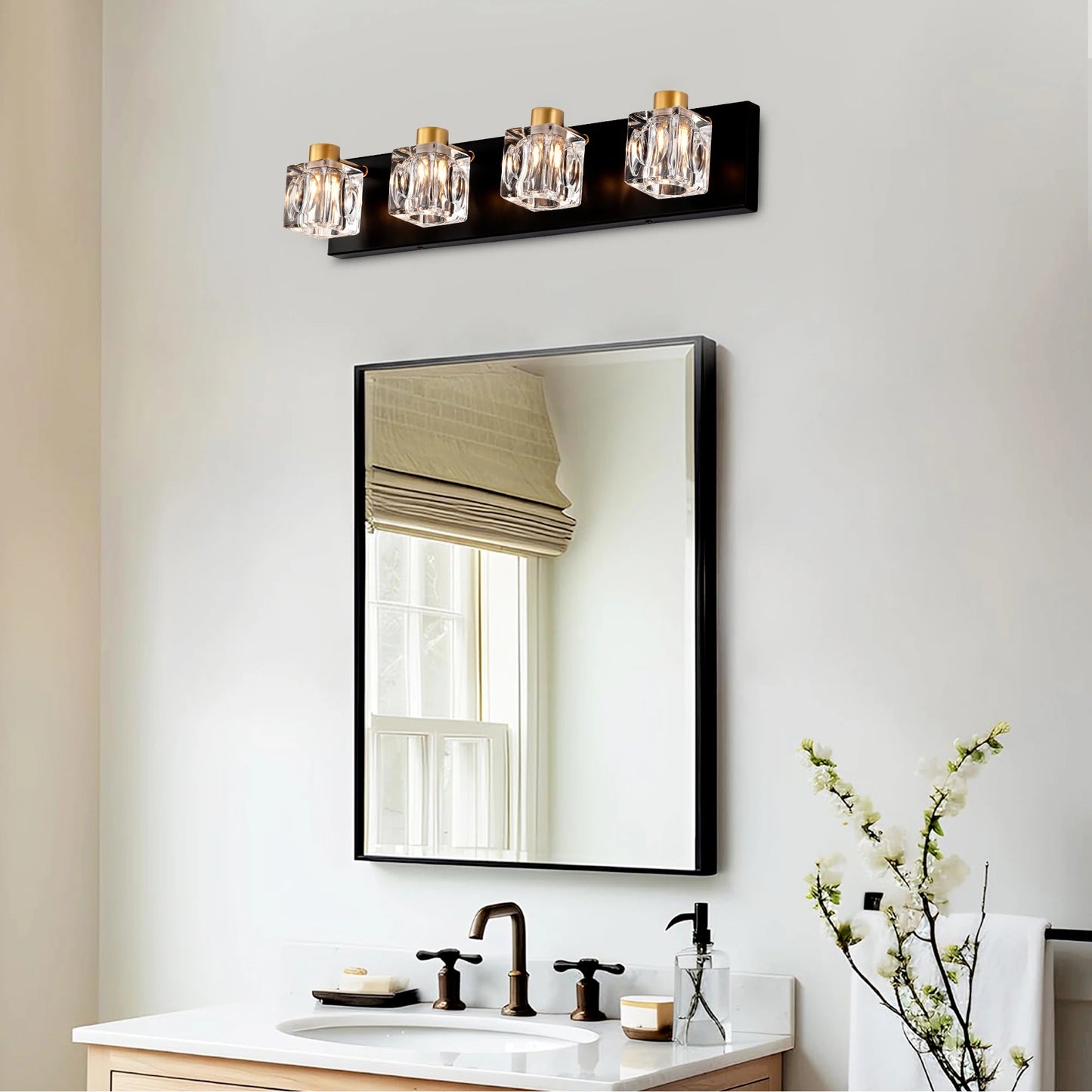 4-Light Matte Black + Gold Bathroom Light Fixtures, Modern Vanity Lights with Crystal Glass Shade, Vintage Light Fixture Bathroo