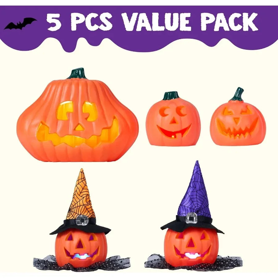 5 Pcs Light Up Halloween Pumpkin Decorations for Outdoor and Indoor Use Jack O Lantern Plastic Pumpkins with Glowing Effect Per