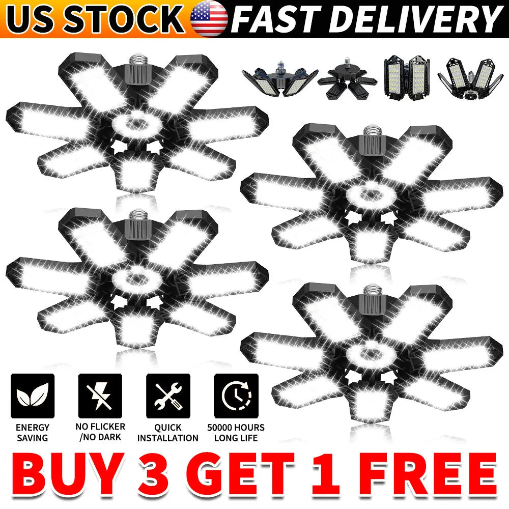 Deformable Ceiling Lighting LED Garage Lights Bulb, 6500K Shop Light With 7+1 Adjustable Panels LED Garage Lighting Basement Bar