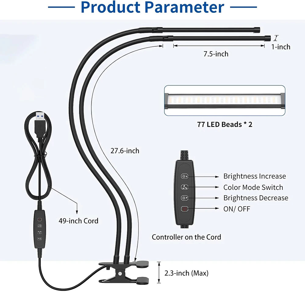 10W LED Desk Lamp with Clamp Dimmable Clip On Reading Light 10 Brightness Level 3 Lighting Modes Flexible Study Table Lamp USB