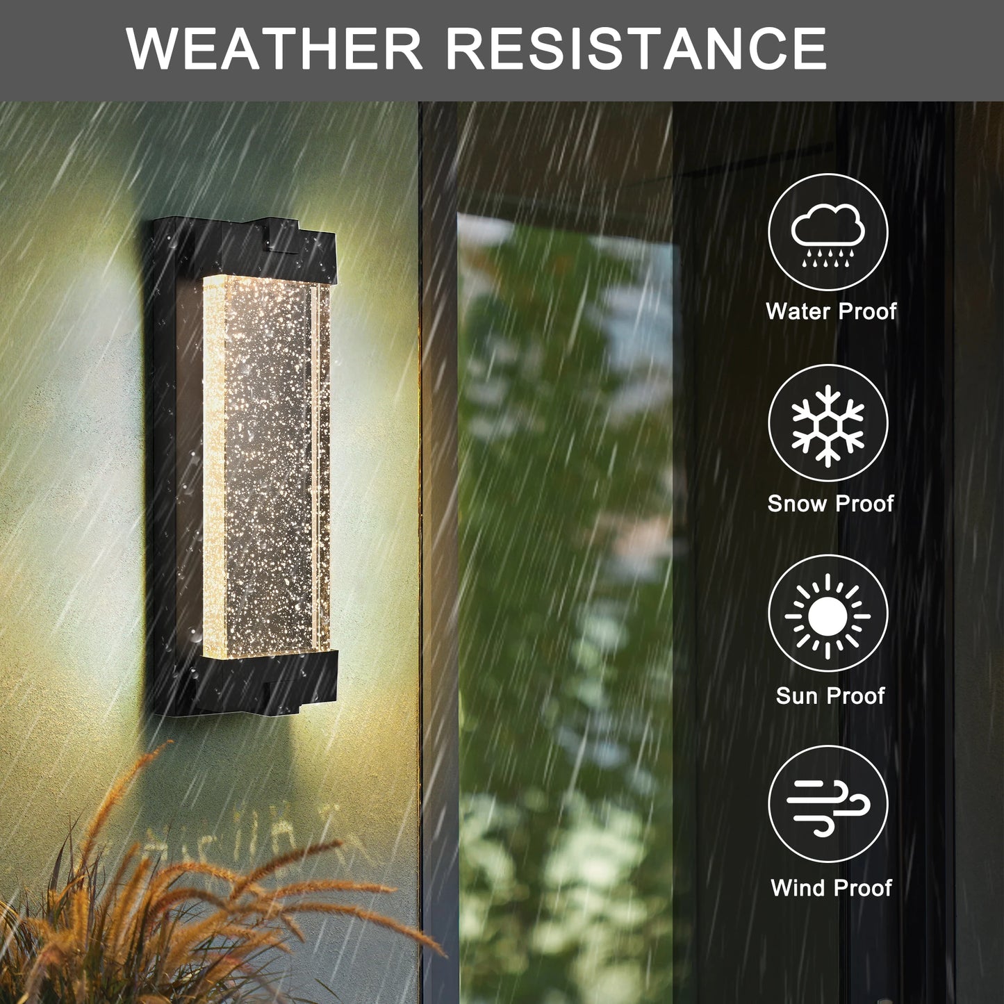 Black Aluminum Finish Outdoor Wall Light with Bubble Crystal Glass, LED Light Source, 3000K Warm Light, Weatherproof