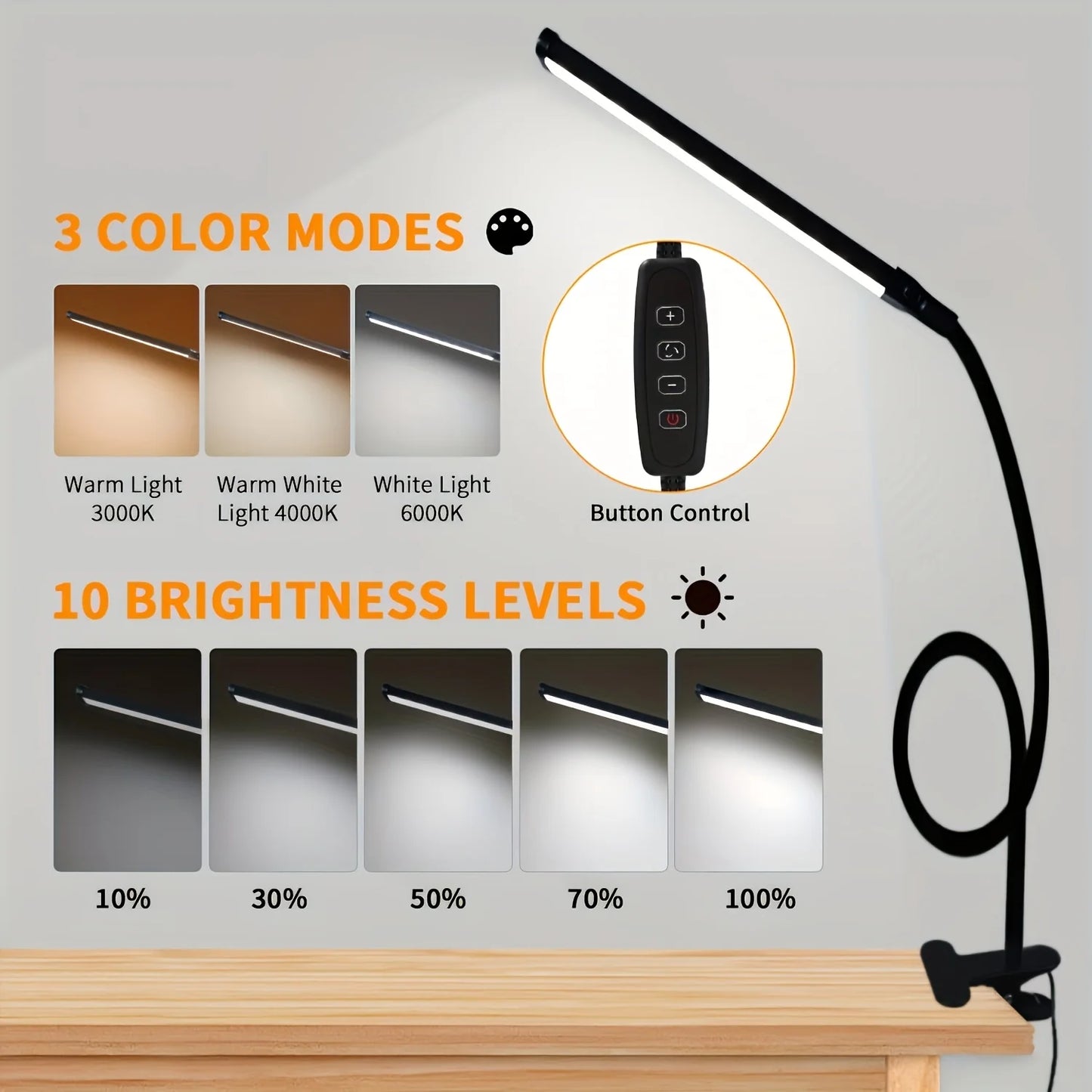 10W LED Desk Lamp with Clamp Dimmable Clip On Reading Light 10 Brightness Level 3 Lighting Modes Flexible Study Table Lamp USB