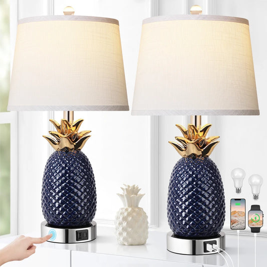 22 Inch Pineapple Set Of 2 3 Way Dimmable Ceramic Lamp Navy Blue Modern Living Room Lamp With USB Port Coastal Tall Table Lamps