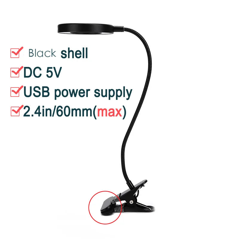 LED Ring Clamp Lamp 3-Level Color Temperature Adjustable USB 360° Rotatable Gooseneck for Nail Reading Desk Eye Protection Light