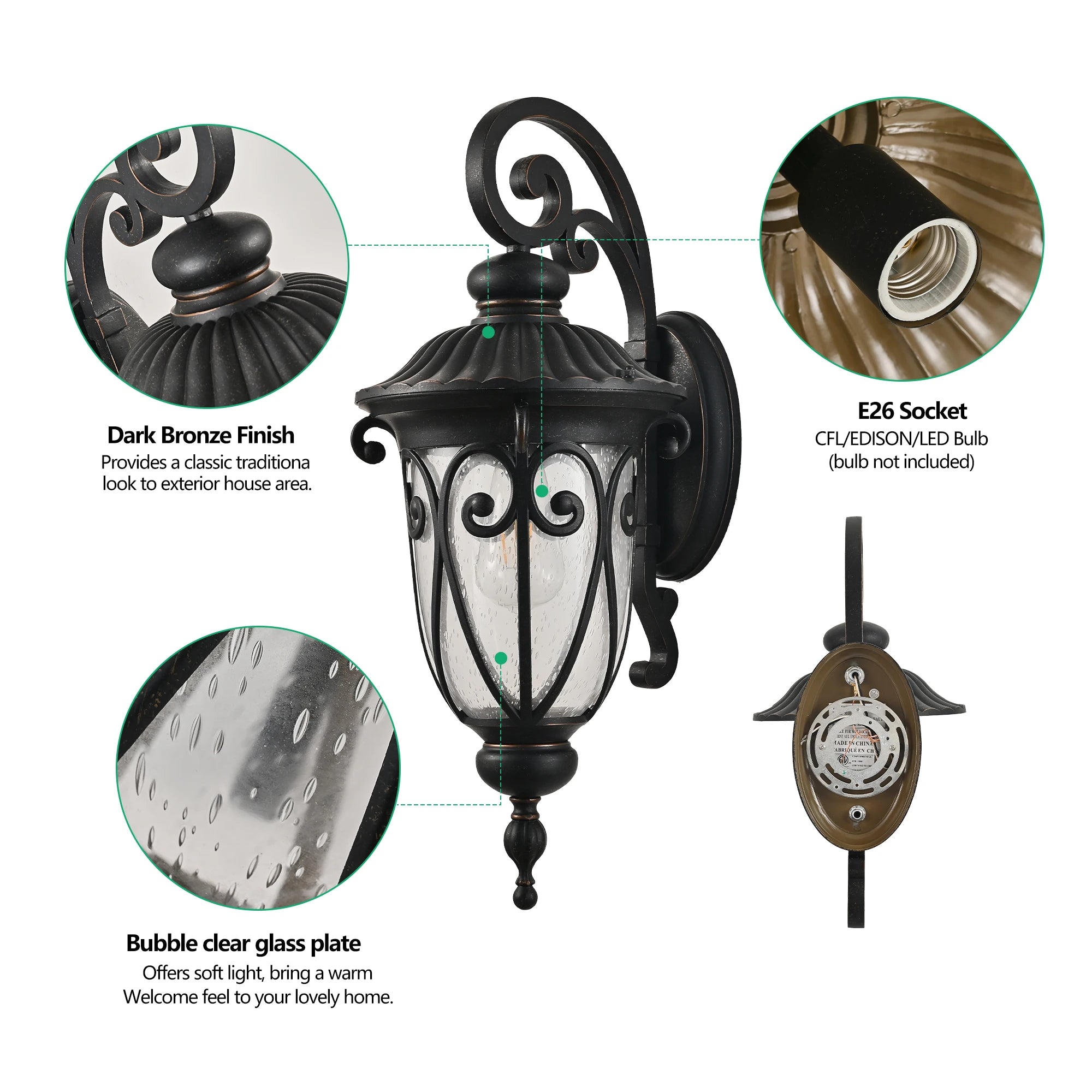Classic Outdoor Wall Lantern, Black Vintage Wall Sconce with Bubble Glass, Weatherproof Exterior Light Fixture(No Bulb)