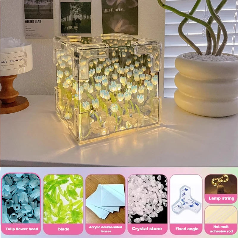 Creative Diy Tulip Flower Sea Cube Three-Dimensional Small Night Lamp Material Package for Girlfriend Couple Girlfriends