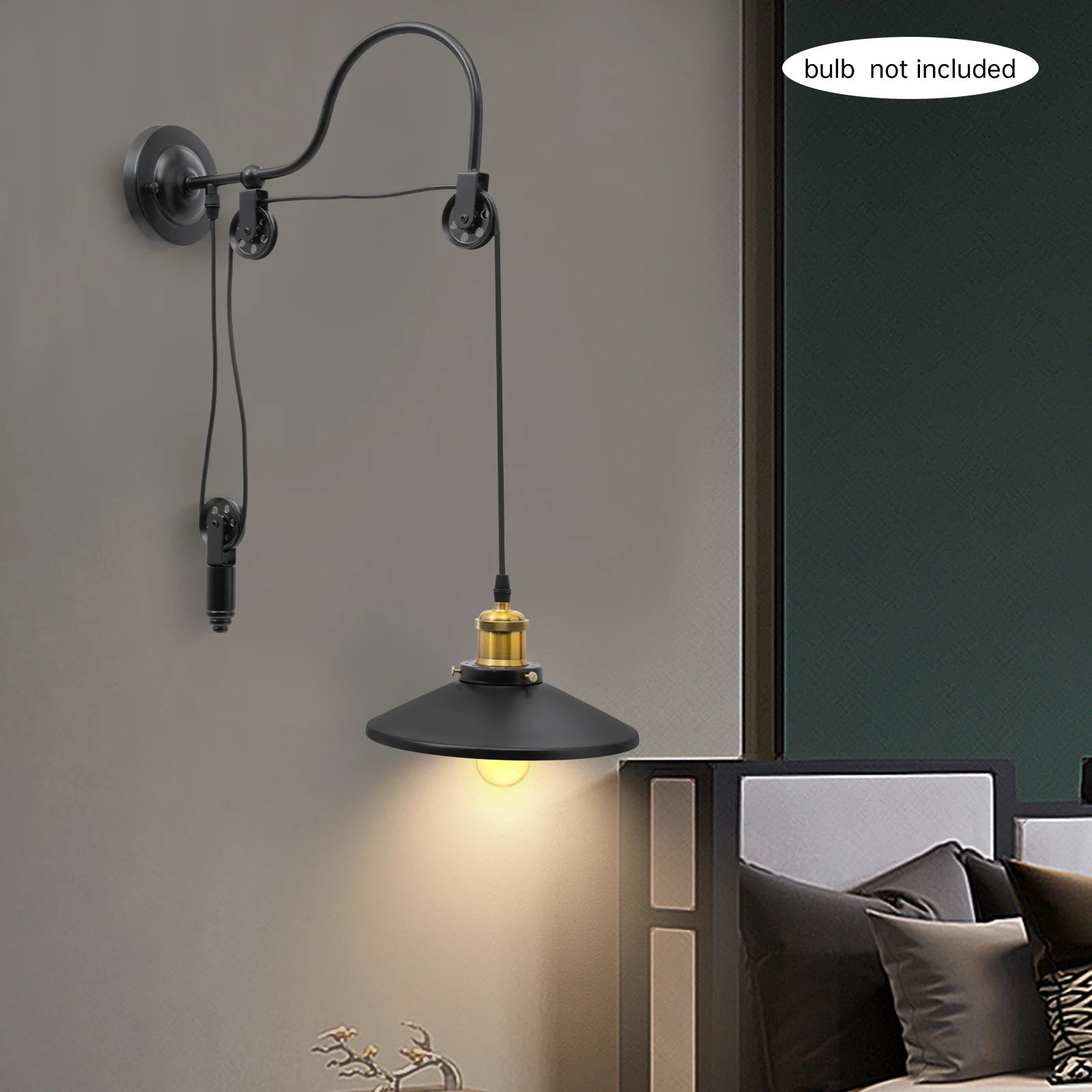110-120V Adjustable Pulley Wall Lamp, Industrial Iron Wall Light, Wall Mount Indoor Lighting W/ E26 Base for Staircase & Hallway
