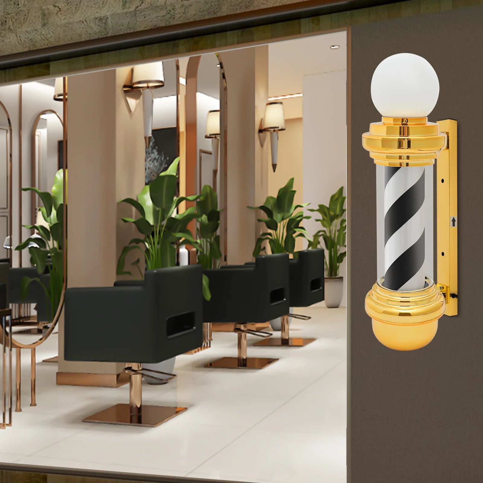Golden Black White Rotating Barber Pole Light - 68cm LED Salon Open Sign - Wall Mount Hairdresser Decor for Salon & Barber Shop