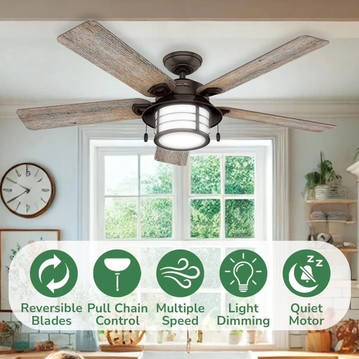 54" Ceiling Fan with Bright LED Lights, Reversible Motor, Indoor/Outdoor Use, 54" D x 54" W x 10.07" H