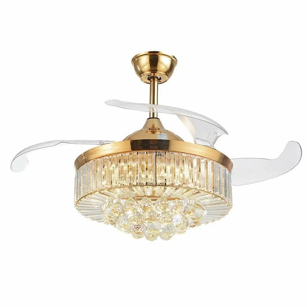 42" Invisible LED Ceiling Fan Light Crystal Retractable Chandelier Lamp W/Remote