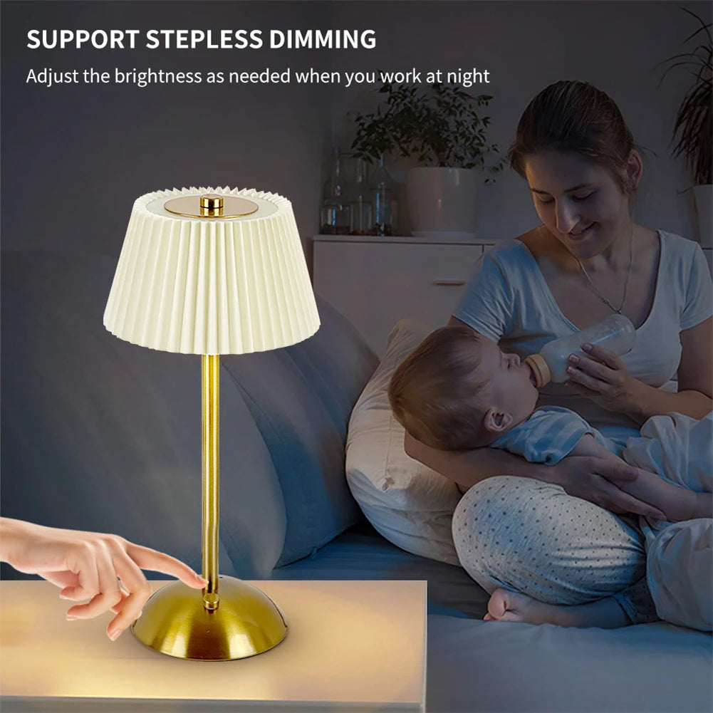 Cordless Table Lamp Small Night Light Touch Control Wireless Bedside Lamp with Pleated Lampshade for Restaurant Bar Coffee Shop