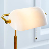 19" Gold/White Modern Glass Banker Table Lamp with Brass Base and Banker Style Glass Shade