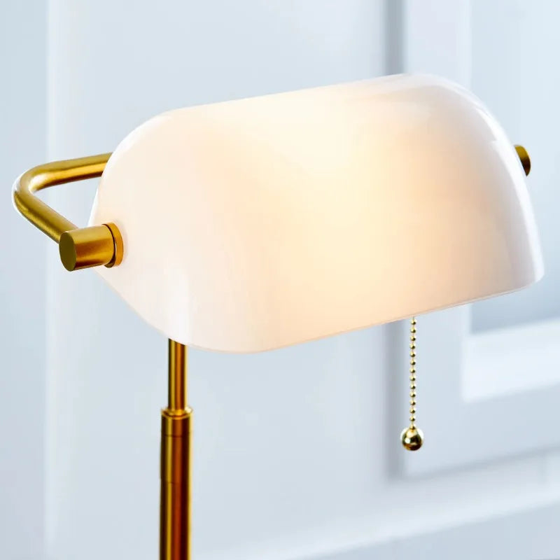 19" Gold/White Modern Glass Banker Table Lamp with Brass Base and Banker Style Glass Shade