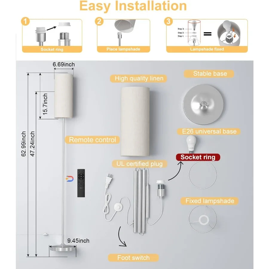 Dimmable LED Floor Lamp with Foot Switch and Remote Control for Living Room Bedroom Office and Kid Room Silver Pole Design with