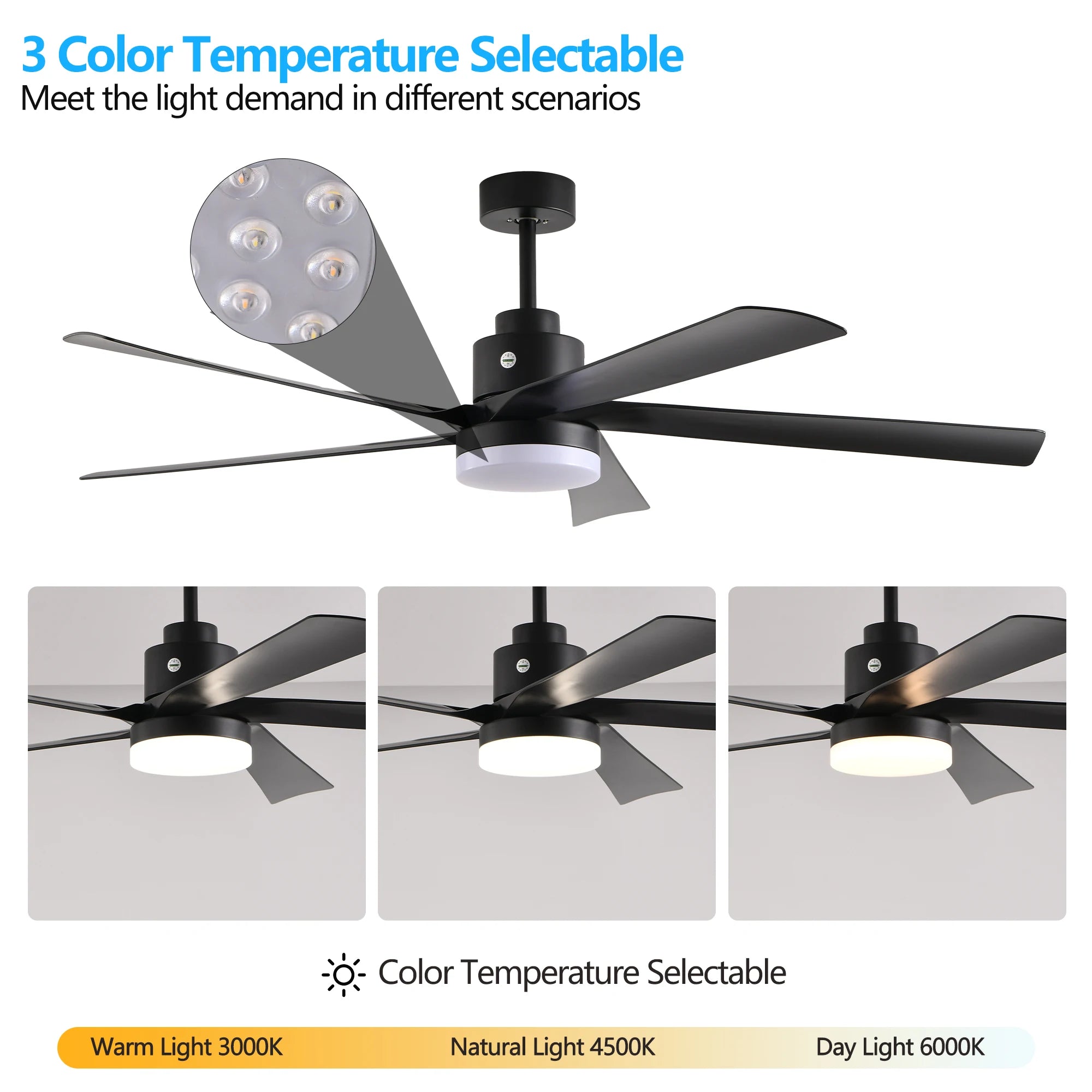 65 Inch Black Ceiling Fan with Light, 5-Blade Dimmable LED Ceiling Fan with Remote Control, Modern Quiet Design